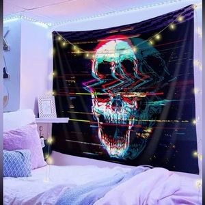 BOGO Trippy Skull wall poster tapestry creepy static NWOT